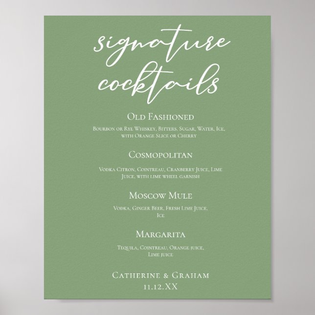 Sage Grönt Vår bröllop Namnteckning Cocktails Menu Poster (Framsidan)