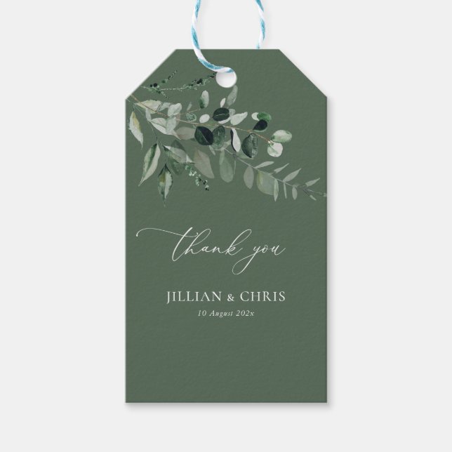Sage grönt vattenfärgsblad bröllop presentetikett (Framsidan)