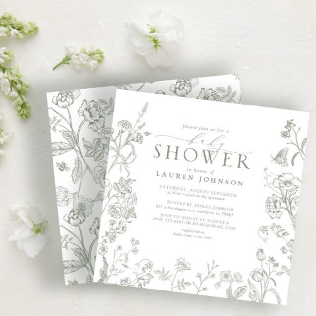 Sage Grönt Victorian Elegant Blommigt Baby Shower Inbjudningar (Skapare uppladdad)