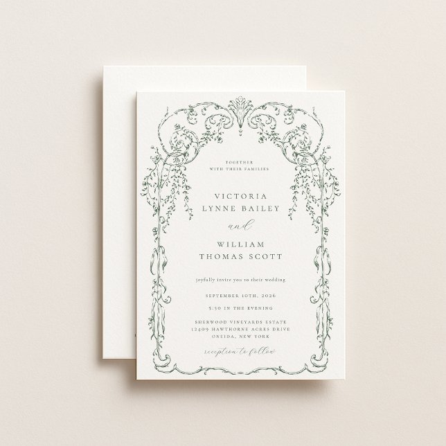 Sage Grönt Victorian Ram Bröllop Inbjudningar (Skapare uppladdad)