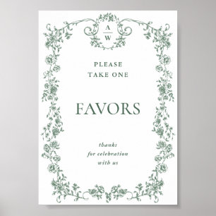 Sage Grönt Viktorian Ornate-Blommigt Favors Bröllo Poster