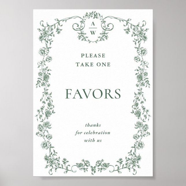 Sage Grönt Viktorian Ornate-Blommigt Favors Bröllo Poster (Framsidan)