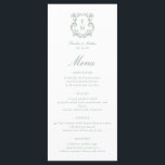 Sage Grönt Vintage Baroque Monogram Vapensköld Brö Meny<br><div class="desc">Dessa menykort för Sage Grönt Vintage Baroque Monogram Vapensköld Bröllop kombinerar tidlös elegans och modern sofistikering,  med en ornerad,  blomstrande vapensköld av Renaissancen i monogram och typisk elegant.</div>