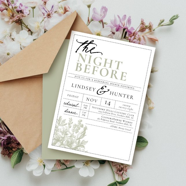 Sage Grönt Vintage Blommigt Bröllop Rehearsal Midd Inbjudningar (Elegant classic vintage floral The Night Before sage green and black wedding rehearsal dinner invite)