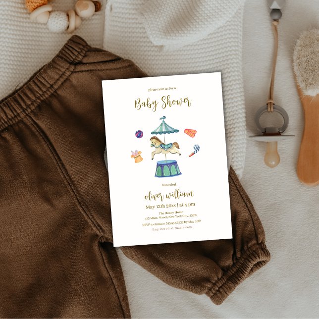 Sage Grönt Vintage Karousel Carnival Baby Shower Inbjudningar (Sage Green Vintage Carousel Carnival Baby Shower Invitation)