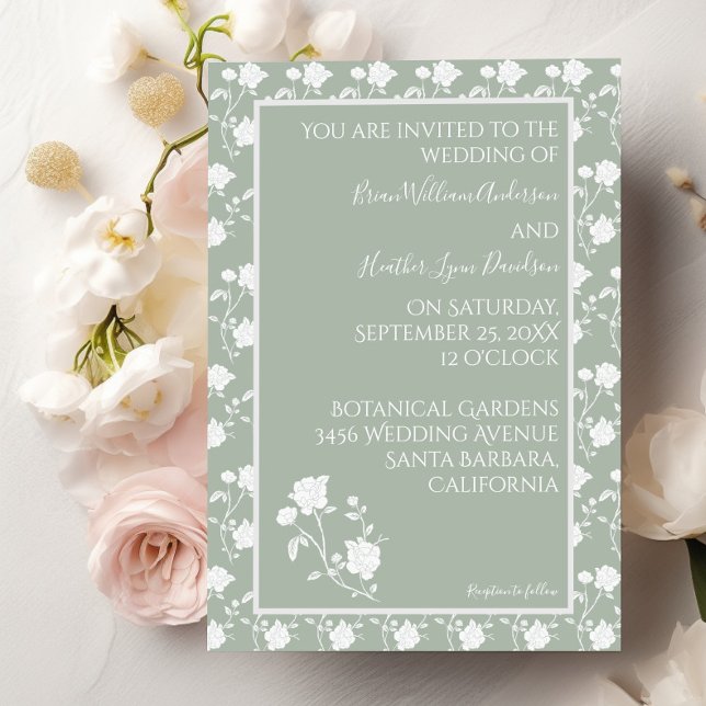 Sage Grönt Vintage Ro bröllopsinbjudan Inbjudningar (Sage Green Rose Wedding Invitation)