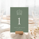 Sage Grönt Vintage Vapensköld Bröllop Bordsnummer<br><div class="desc">Den här vackra designen är en del av en underbar samling! Innehåller en känslig vintage ram och elegant text.</div>