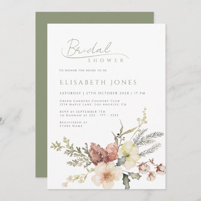 Sage Grönt Vinterjulens Blommigt Möhippa Inbjudningar (Fram/baksida)