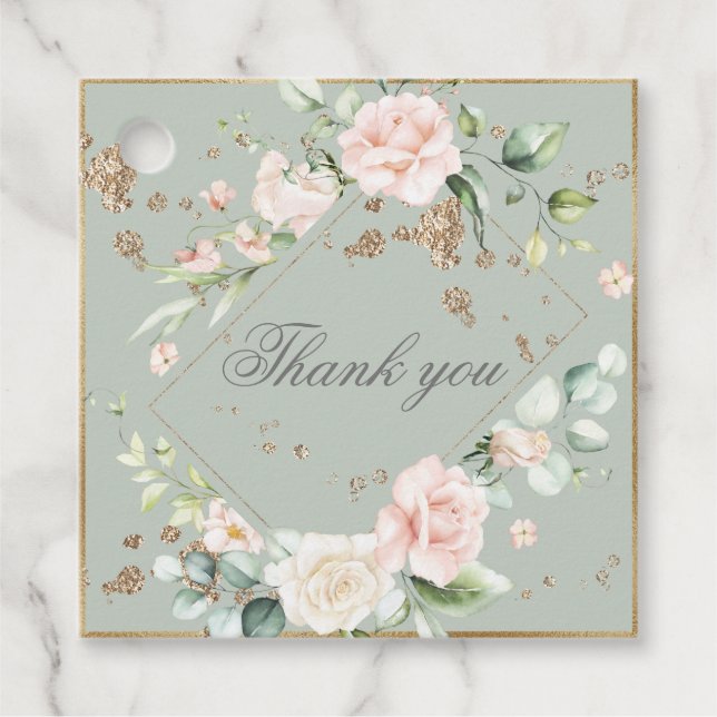 Sage Grönt  Watercolor Blommigt Bröllop Gåvor Etiketter (Framsida)