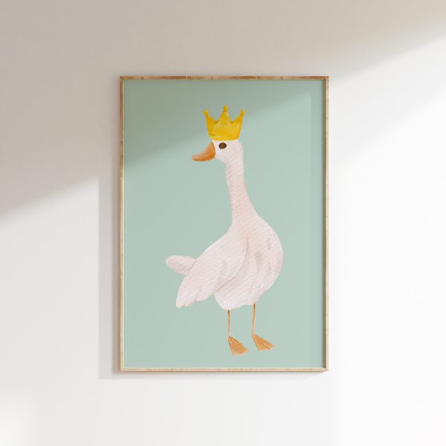 Sage Grönt Watercolor Fånig Goose Nursery Poster (A  white goose wearing a golden crown on a sage green background.)