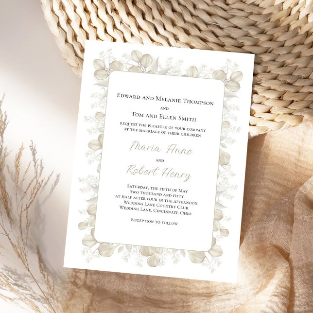 Sage Grönt Watercolor Löv Bröllop Inbjudningar (Simple and elegant sage green and cream foliage wedding invitation.)