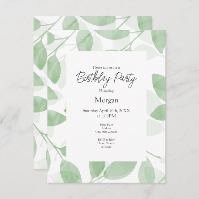 Sage Grönt Watercolor Löv Inbjudningar (Fram/baksida)