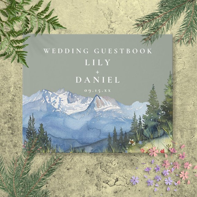 Sage Grönt Watercolor Mountain Bröllop Photo Guest Gästböcker (Sage Green Watercolor Mountain Wedding Photo Guest Guest Book)