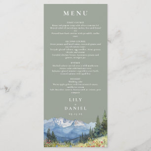 Sage Grönt Watercolor Mountain Wildblomma Bröllop Meny