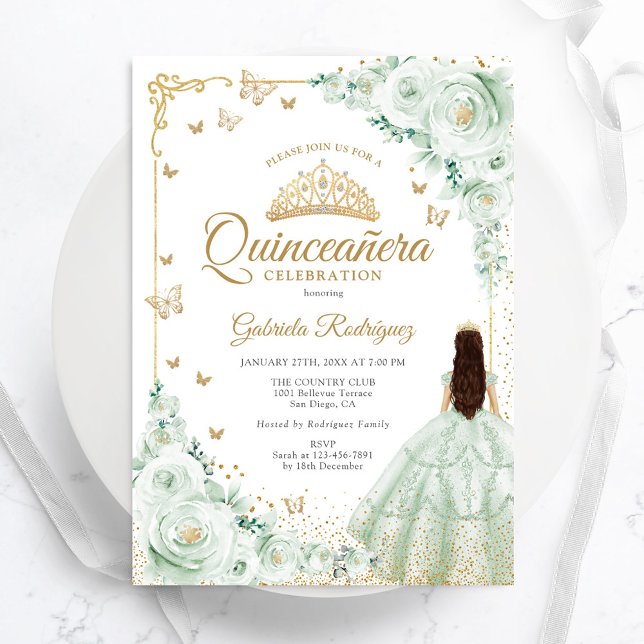 Sage Grönt Watercolor Ro Guld Quinceanera Inbjudningar (Skapare uppladdad)