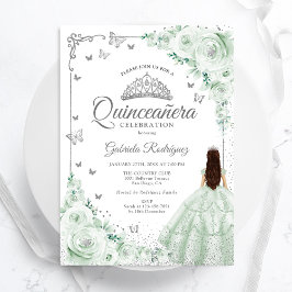 Sage Grönt Watercolor Ro Silver Quinceanera Inbjudningar