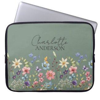 Sage Grönt Watercolor Wildblomme Namn Monogram Laptop Fodral