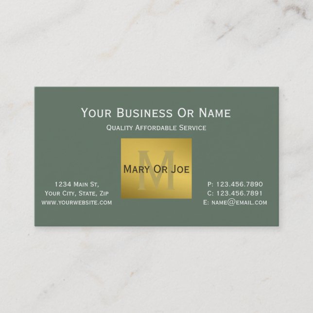 Sage Grönt White & A Touch of Luxury Guld Monogram Visitkort (Framsida)