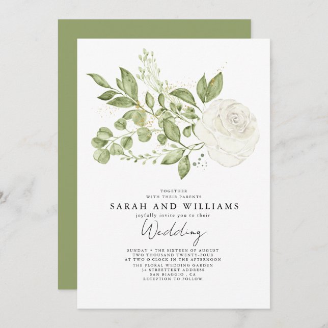 Sage Grönt White Blommigt Boho Bröllop Inbjudningar (Fram/baksida)