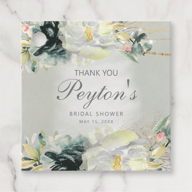 Sage Grönt White Blommigt Glitter Möhippa Gåvor Etiketter (Framsida)