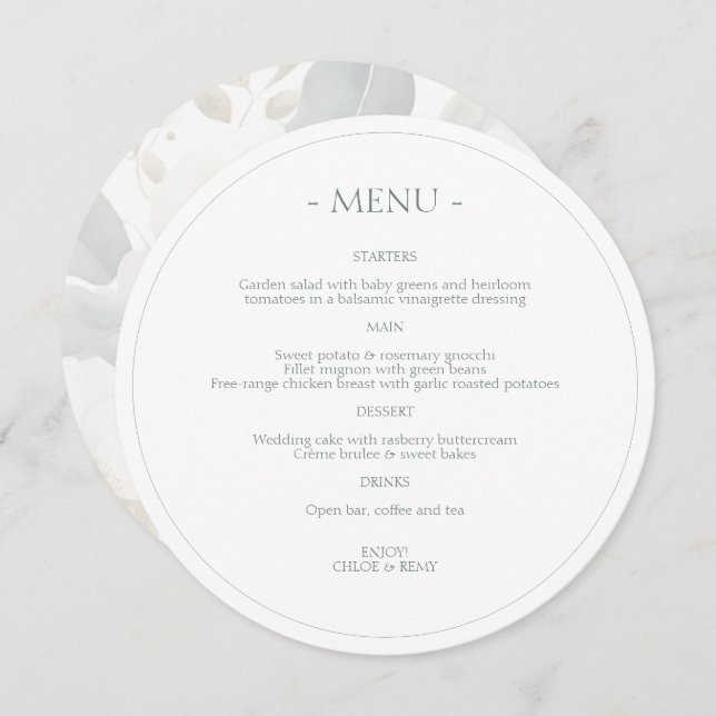Sage Grönt & White Blommigt Watercolor Bröllop Meny (Fram/baksida)