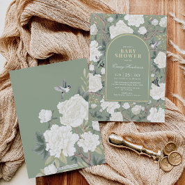 Sage Grönt White Chinoiserie Blommigt Baby Shower Inbjudningar