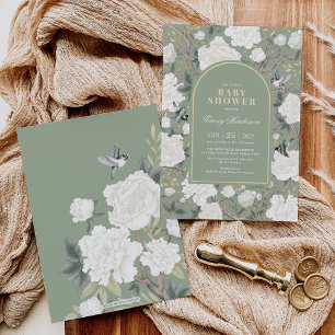 Sage Grönt White Chinoiserie Blommigt Baby Shower Inbjudningar