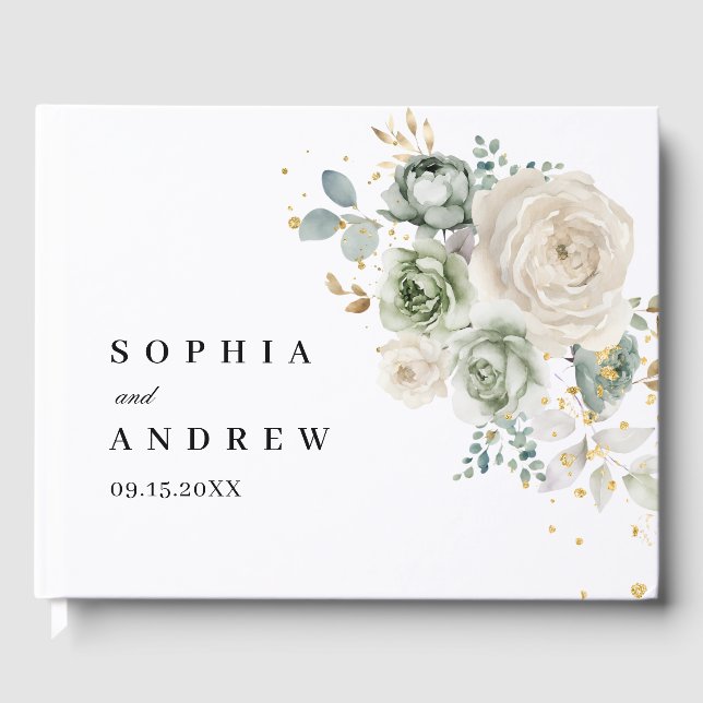 Sage Grönt & White Flowers Bröllop Guest Bok (Framsida)