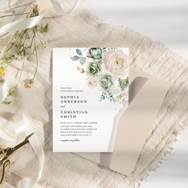 Sage Grönt & White Flowers Bröllopsinbjudan Inbjudningar (Skapare uppladdad)
