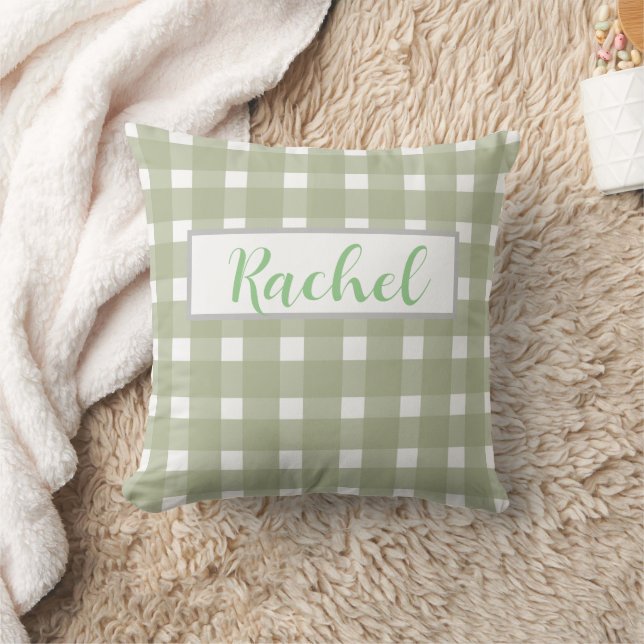 Sage Grönt White Gingham Personlig Kudde (Filt)
