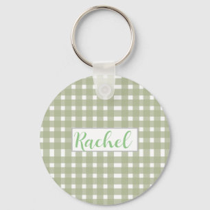 Sage Grönt White Gingham Personlig Nyckelring