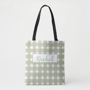 Sage Grönt White Gingham Personlig Tygkasse
