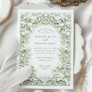 Sage Grönt White Iris Bröllop Faux Embossed Design Inbjudningar