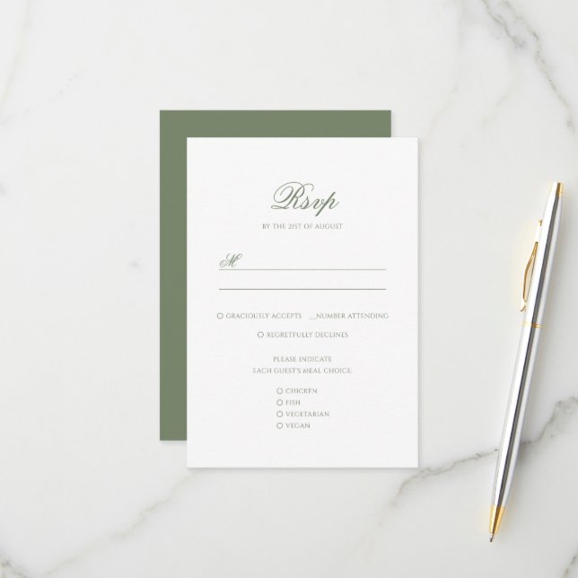 Sage Grönt & White Löv Monogram Vapensköld Bröllop OSA Kort (Fram/Back In Situ)