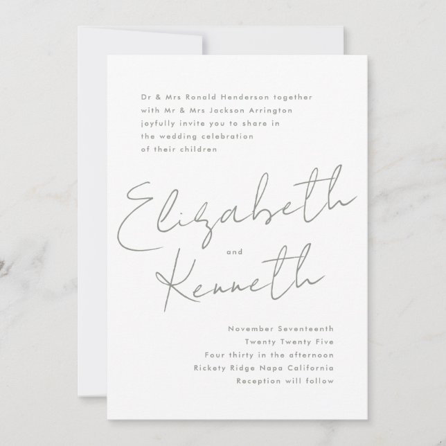 Sage Grönt White Modern Custom Names Bröllop Inbjudningar (Framsida)