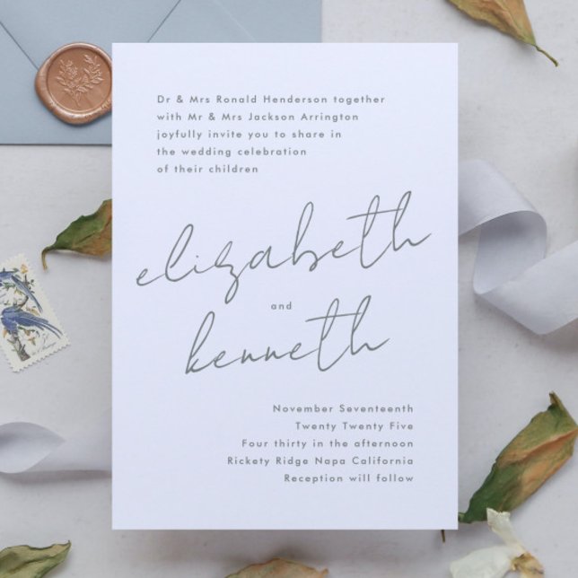 Sage Grönt White Modern Custom Names Bröllop Inbjudningar (Skapare uppladdad)