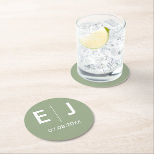 Sage Grönt & White Monogram Bröllop Underlägg Papper Rund