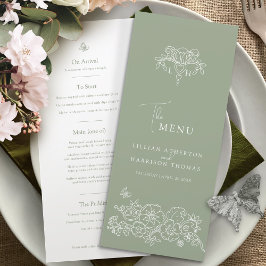 Sage grönt white monogram fleur de lis bröllop meny