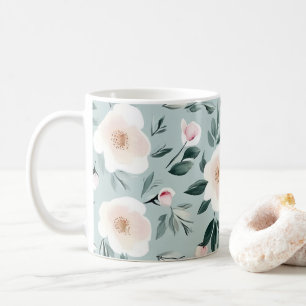 Sage Grönt white Peonies blommigt Kaffemugg