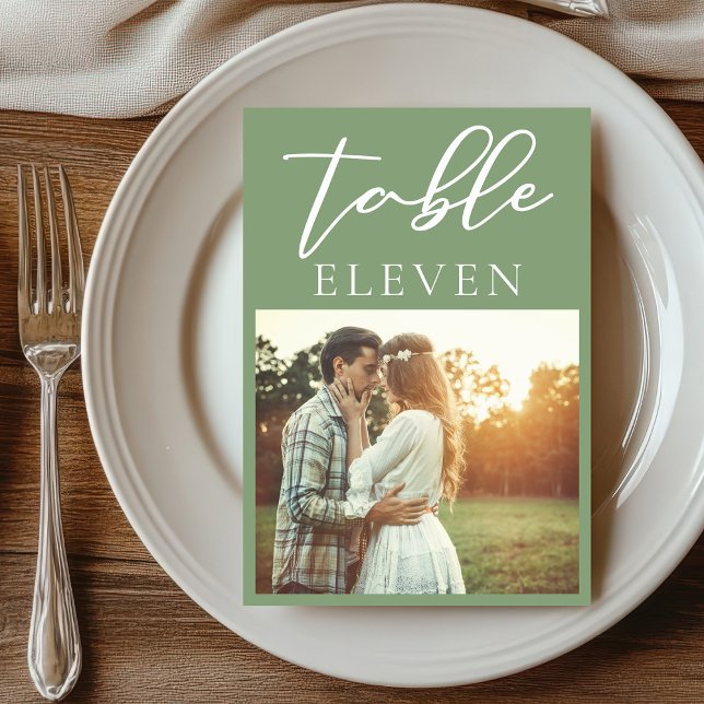 Sage Grönt White Script par Photo Bröllop Bordsnummer (Skapare uppladdad)