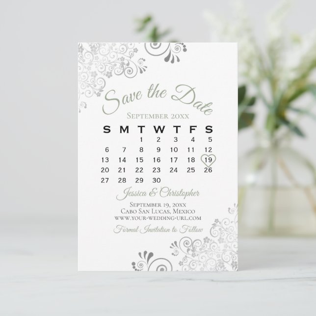 Sage Grönt & White Simple Elegant bröllop Calendar Spara Datumet (Stående Fram)