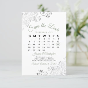 Sage Grönt & White Simple Elegant bröllop Calendar Spara Datumet