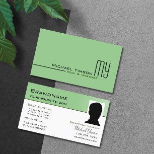 Sage Grönt White Simple med Monogram och Photo Visitkort