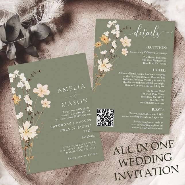 Sage Grönt Wildblombröllopsinbjudan Inbjudningar (All in One Sage Green Boho Wildflower Wedding Invitation with QR Code)