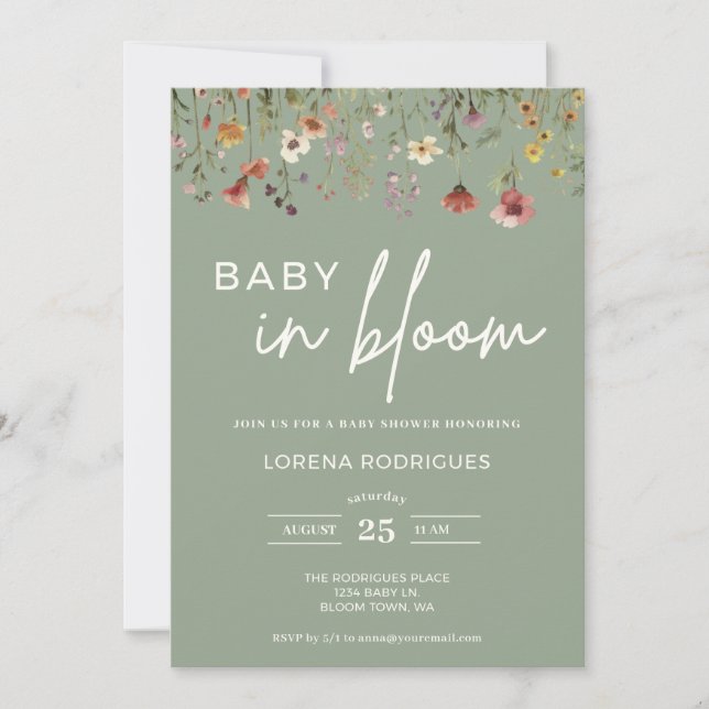 Sage Grönt Wildblomma Baby i Bloom Baby Shower Inbjudningar (Framsida)