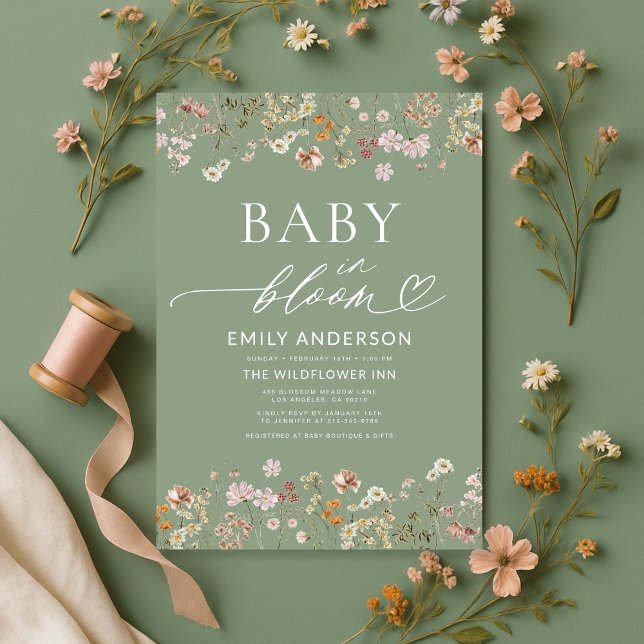 Sage Grönt Wildblomma Baby i Bloom Baby Shower Inbjudningar (Skapare uppladdad)