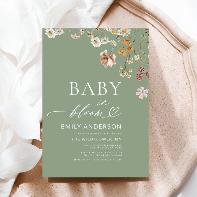 Sage Grönt Wildblomma Baby i Bloom Baby Shower Inbjudningar (Skapare uppladdad)