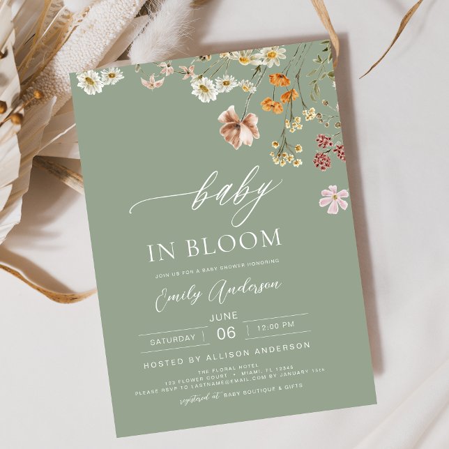 Sage Grönt Wildblomma Baby i Bloom Baby Shower Inbjudningar (Skapare uppladdad)