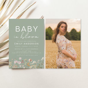 Sage Grönt Wildblomma Baby i Bloom Baby Shower Inbjudningar
