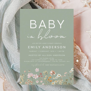 Sage Grönt Wildblomma Baby i Bloom Baby Shower Inbjudningar